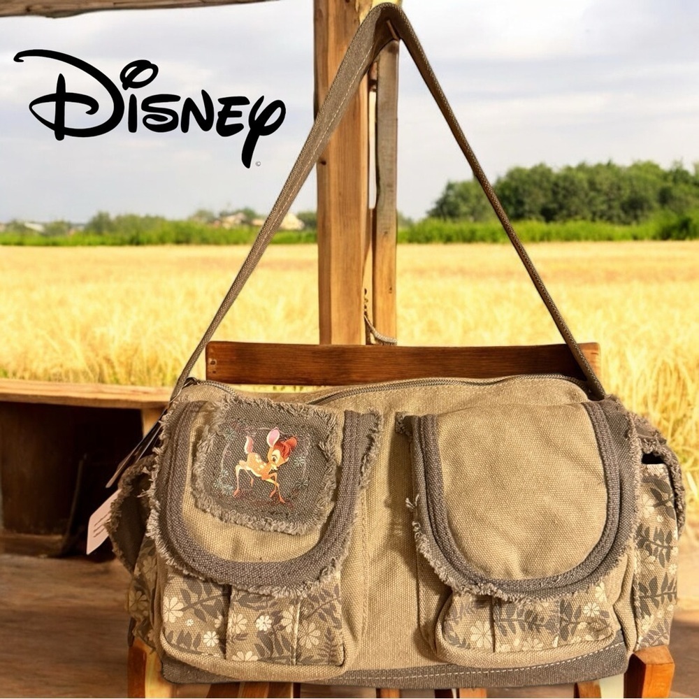 Disney Bambi Canvas Shoulder Bag Floral Patch Pockets Vintage Cottagecore Style